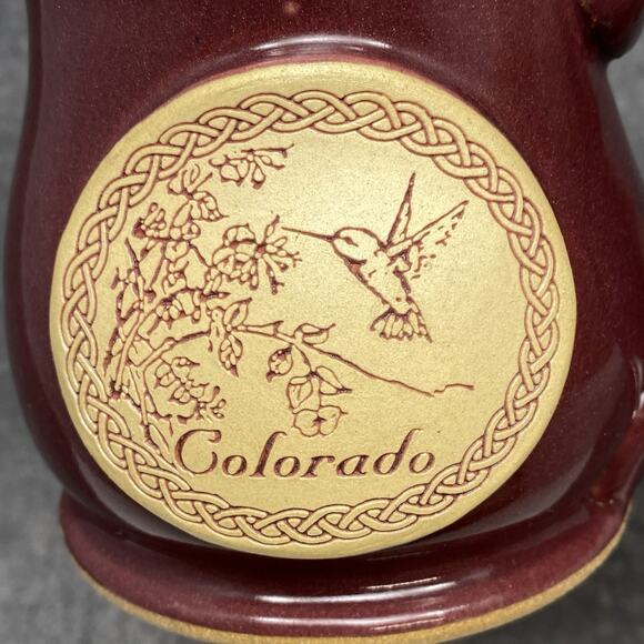 Colorado Hummingbird Graphic Burgundy Glaze 12oz Stoneware Coffee Mug Signed JC - Picture 2 of 9